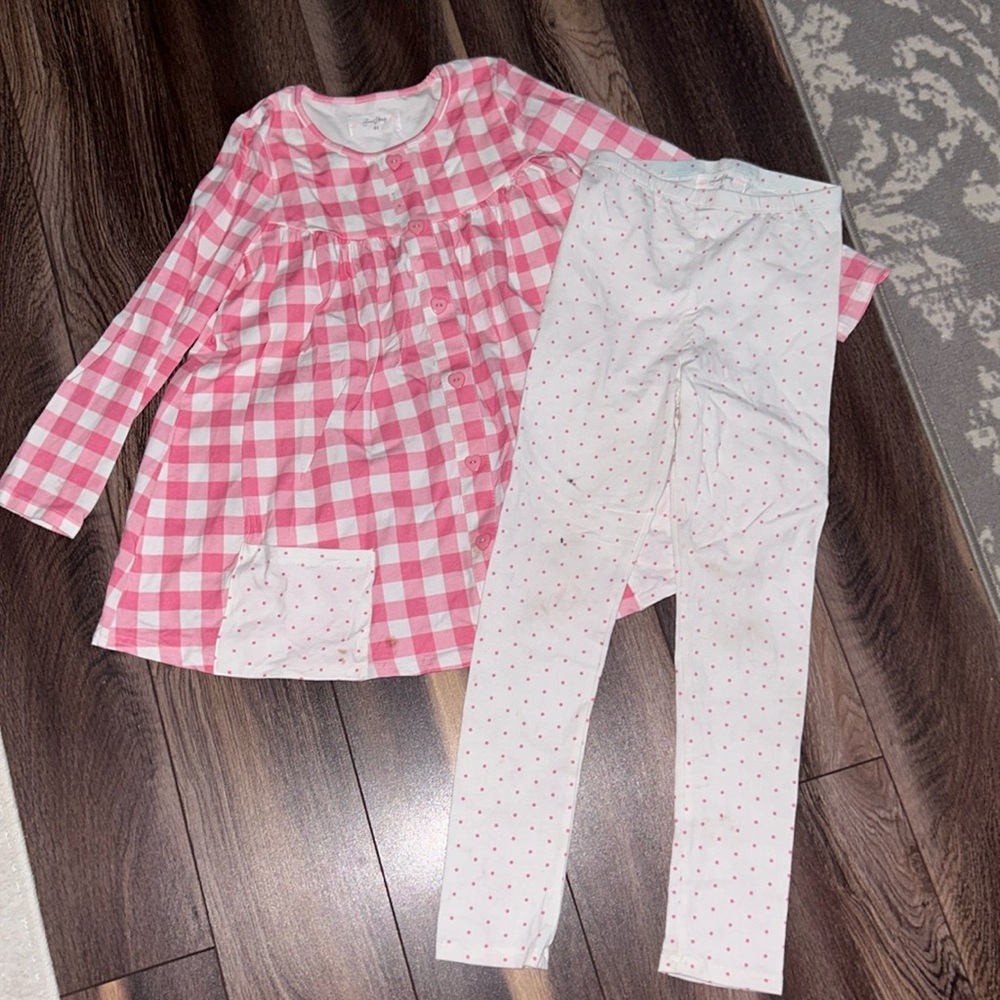 Girls 8Y Sweethoney matching Tunic set pink & white heart buttons & polka dots